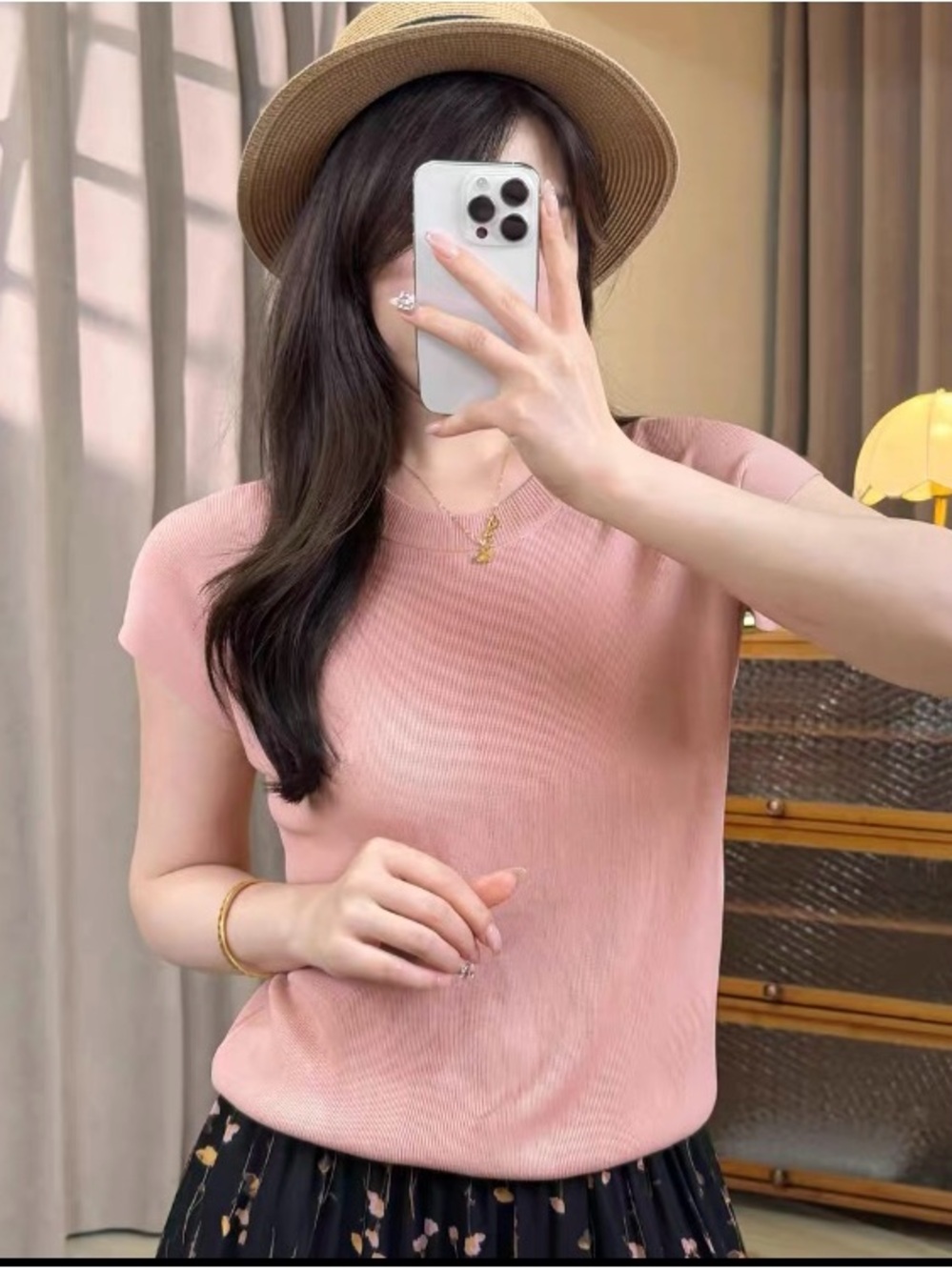 Women's Short-Sleeve Knit Top in Blush Pink